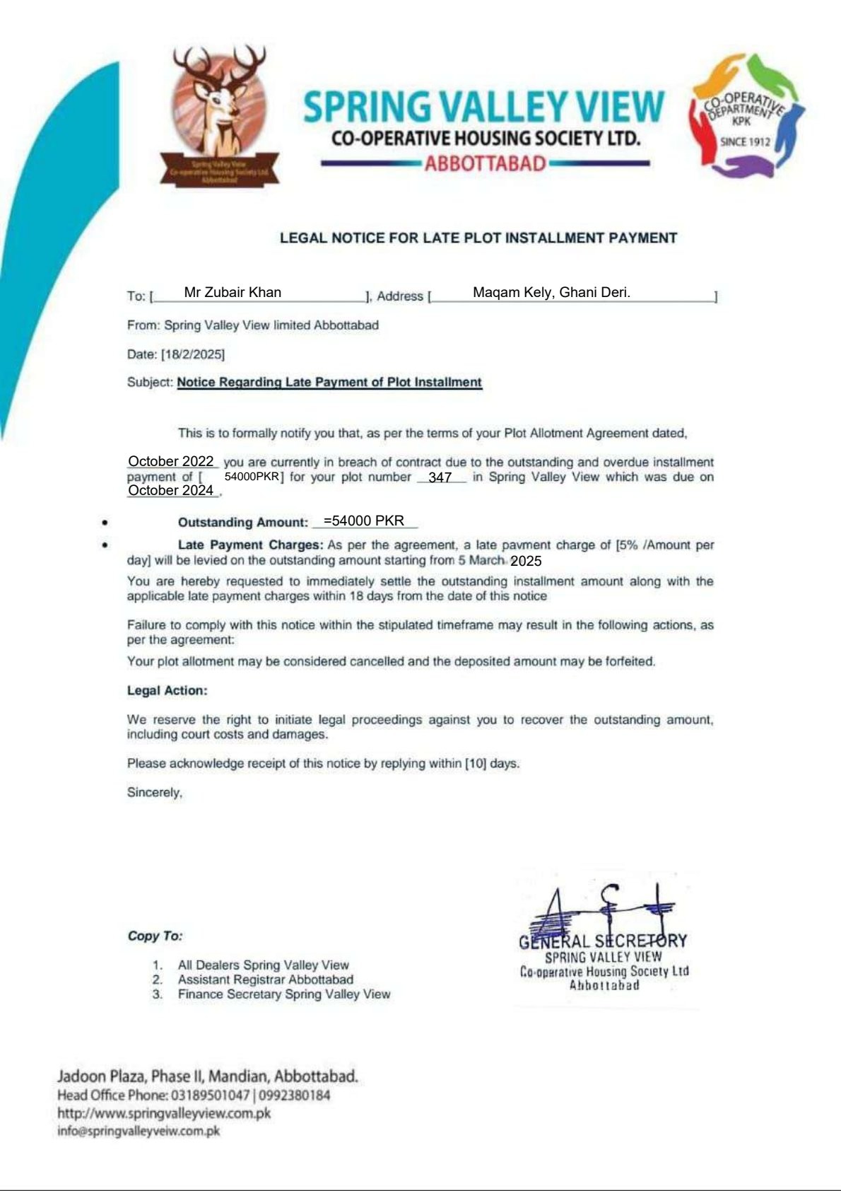 Legal Notice About late Installment Payment